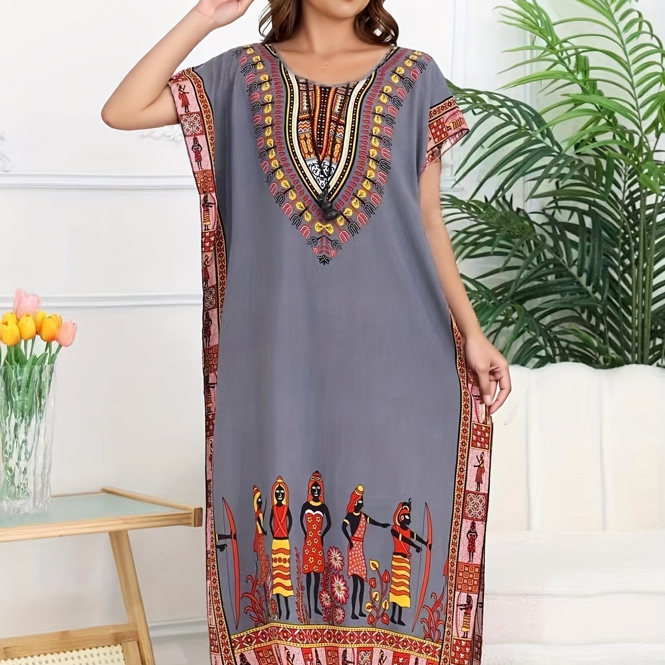 Ethnic Style Dress Summer New Bohemian Style Vacation Batwing Sleeve Dress Loose Beach Dress