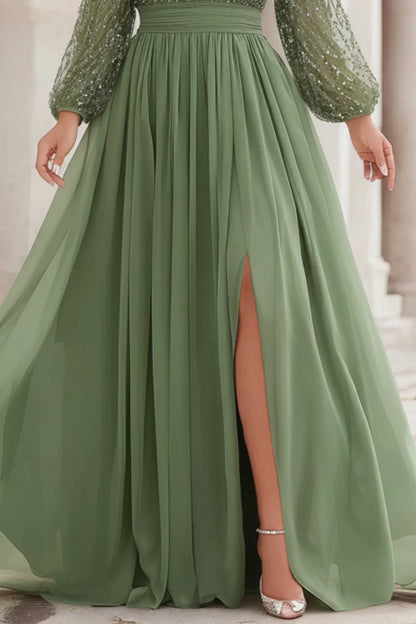 Flycurvy Plus Size Wedding Guest Sage Green Chiffon Sparkly Lantern Sleeve Slit Hem Maxi Dress