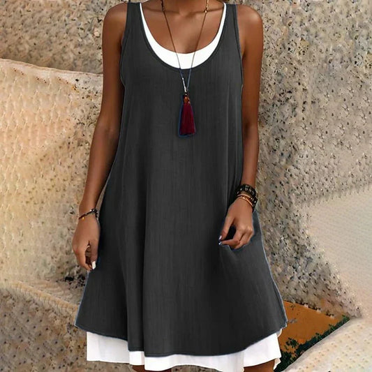 Effortless Layered Tank Dress for Women with Scoop Neck Sleeveless Flowy Contrast Hem Bohemian Style