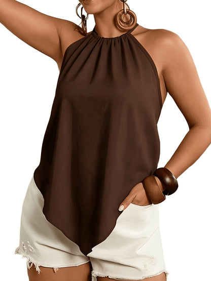 Women'S Fashion Asymmetrical Hem Tie-Neck Sleeveless Blouse, Suitable for Spring And Summer Wear