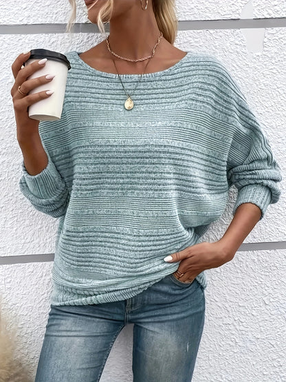 Specially Developed Fashionable Casual Ribbed Loose-fit Crewneck Batwing Sleeve Y Pullover Top for Women