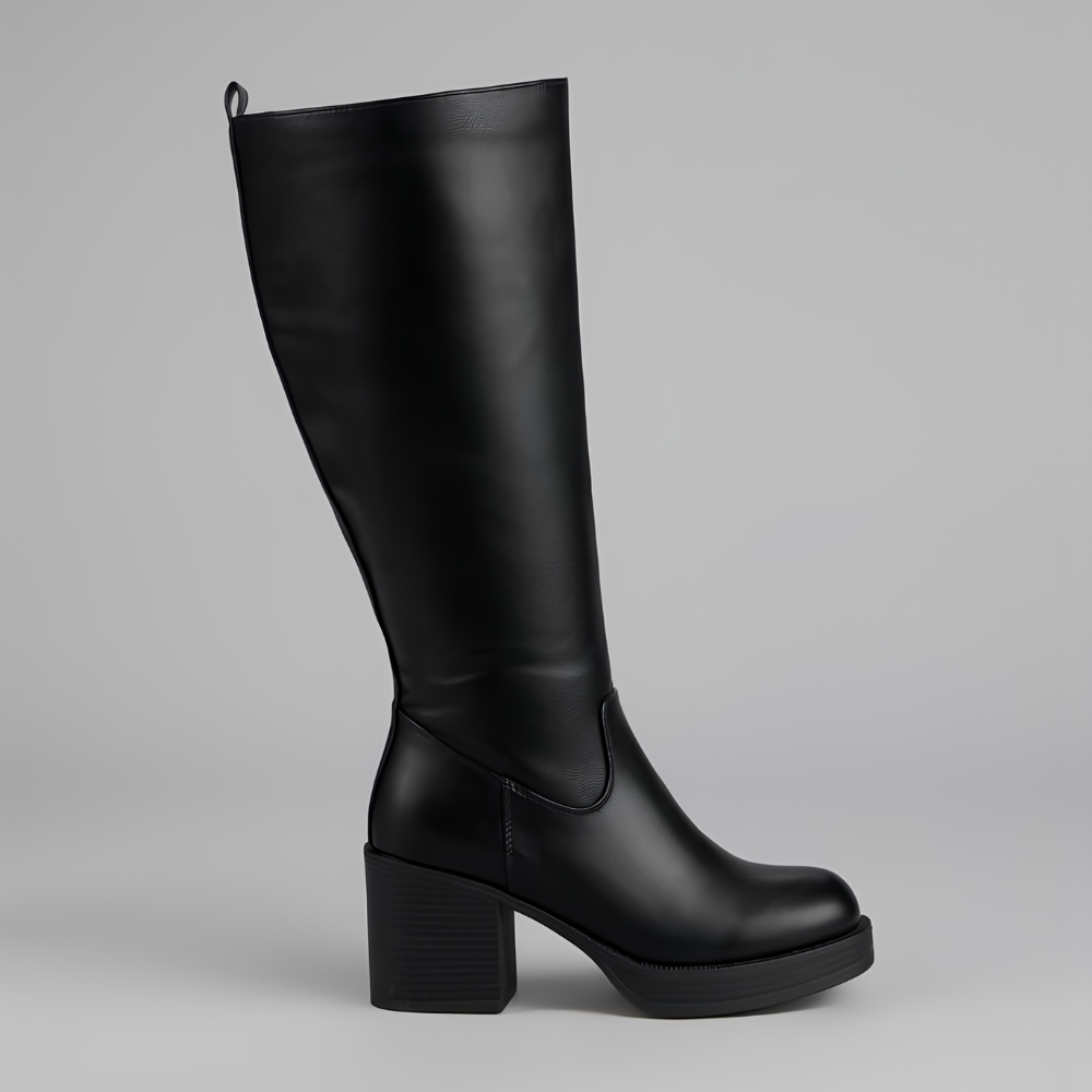 Elegant Knee High Boots for Women with Round Toe Side Zip Block Heel Leather Look Style