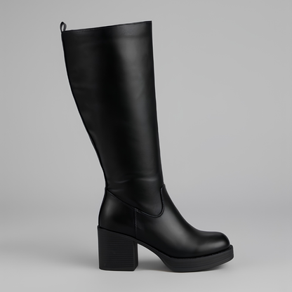 Elegant Knee High Boots for Women with Round Toe Side Zip Block Heel Leather Look Style