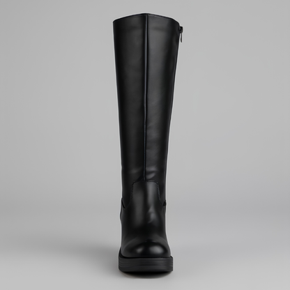 Elegant Knee High Boots for Women with Round Toe Side Zip Block Heel Leather Look Style
