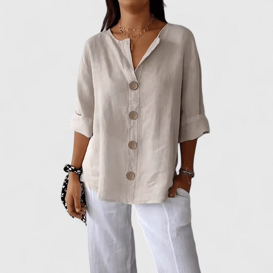 Effortless Linen Blouse for Women with V Neck Elbow Sleeve Button Front Relaxed Style