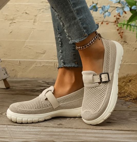 Comfortable Knit Mesh Slip-On Sneaker for Women with Round Toe Buckle Strap Platform Casual Style