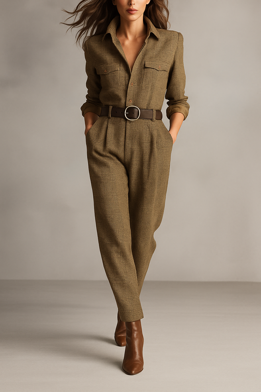 Elegant Brown Plaid Jumpsuit for Women with Collar Long Sleeve Belted Tailored Style