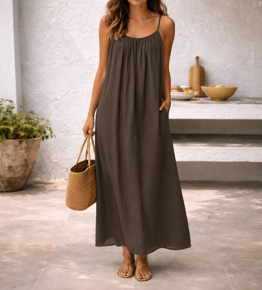 Effortless Linen Maxi Dress for Women with Scoop Neck Spaghetti Strap Flowing Pocket Bohemian Style