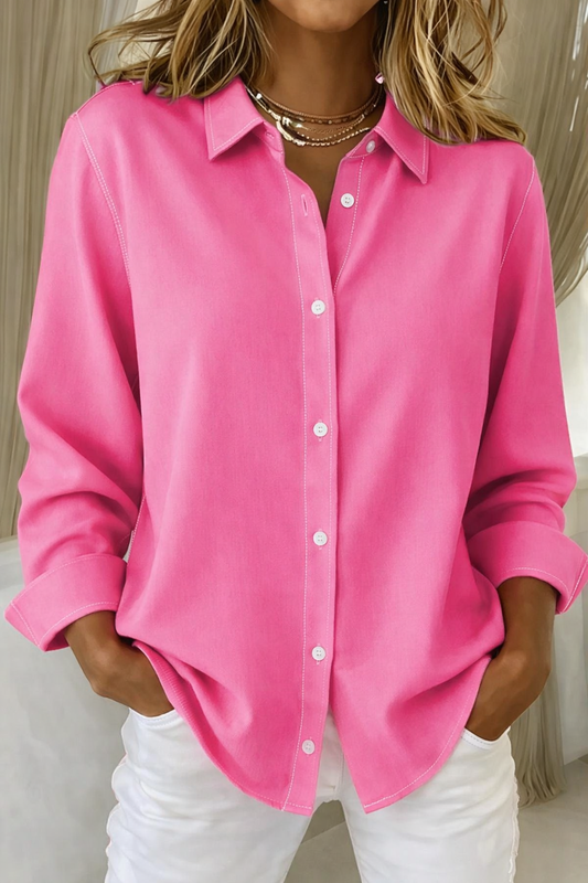 Effortless Button Down Blouse for Women with Point Collar Long Sleeve Contrast Stitch Relaxed Style