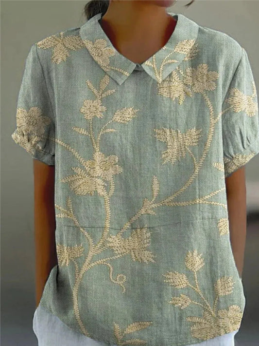 Effortless Floral Embroidered Blouse for Women with Collar Short Sleeve Relaxed Casual Style