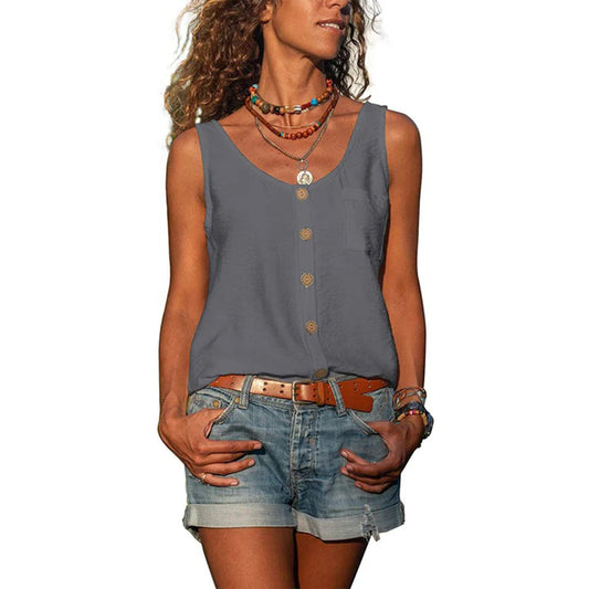 Effortless Button Front Tank Top for Women with Scoop Neck Sleeveless Relaxed Pocket Boho Style