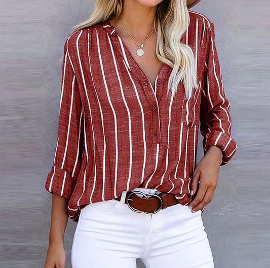 Effortless Striped Linen Blouse for Women with V Neck Long Sleeve Button Front Relaxed Style