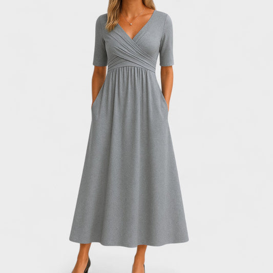 Effortless Grey Wrap Maxi Dress for Women with V Neck Elbow Sleeve Pleated Waist Flowing Style