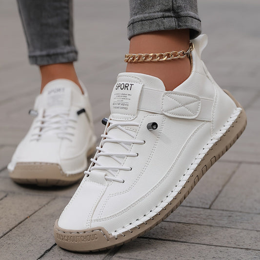 Effortless Leather Sneaker for Women with Lace Up Velcro Strap Hand Stitched Casual Style