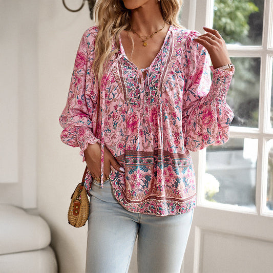 Effortless Floral Print Blouse for Women with V Neck Long Sleeve Smocked Cuff Bohemian Style