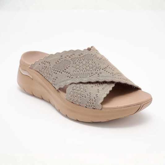 Comfortable Slide Sandals for Women with Knit Crossover Strap Cushioned Platform Sole