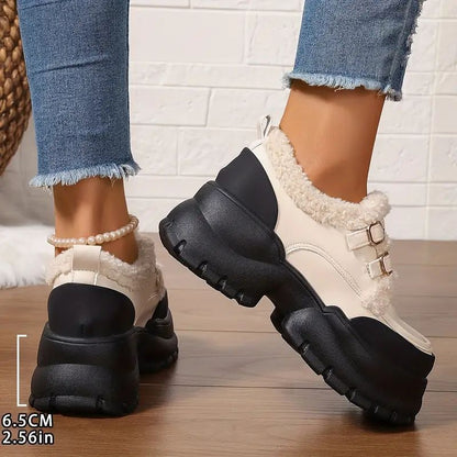 Comfortable Mary Jane Shoes for Women with Faux Fur Trim Double Buckle Strap Chunky Lug Platform Style