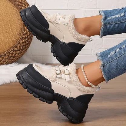 Comfortable Mary Jane Shoes for Women with Faux Fur Trim Double Buckle Strap Chunky Lug Platform Style