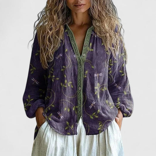 Effortless Floral Linen Blouse for Women with V Neck Balloon Sleeve Button Front Boho Style
