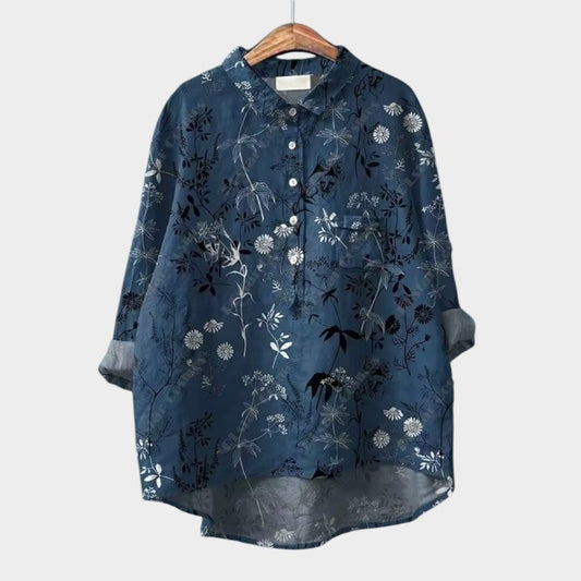 Effortless Floral Linen Blouse for Women with Collar Long Sleeve Button Front High Low Hem Casual Style