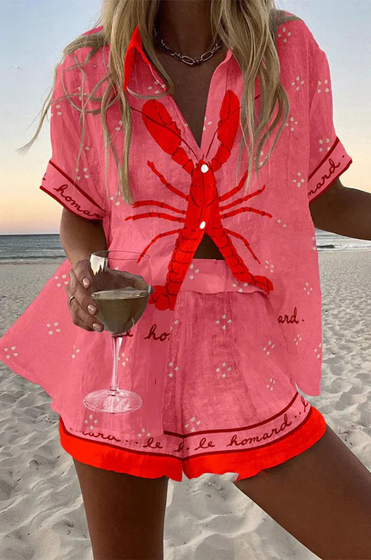 Effortless Pink Lobster Print Linen Two Piece Set for Women with Collar Short Sleeve Relaxed Beach Style