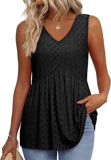 Effortless Textured Peplum Tank Top for Women with V Neck Sleeveless Pleated Flowing Style