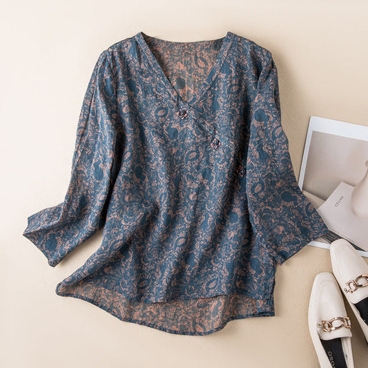 Effortless Printed Linen Blouse for Women with V Neck Bell Sleeve Asymmetrical Button Relaxed Boho Style