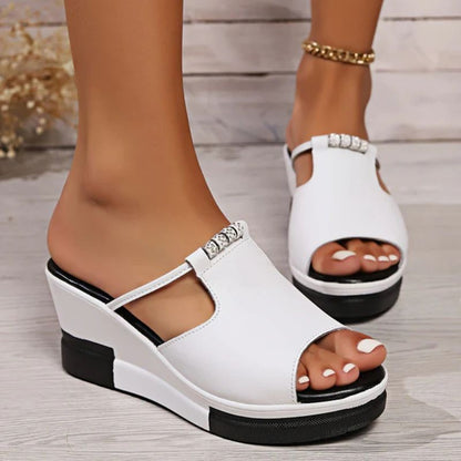 Comfortable Wedge Sandals for Women with T Strap Cutout Platform Peep Toe Slip On Style