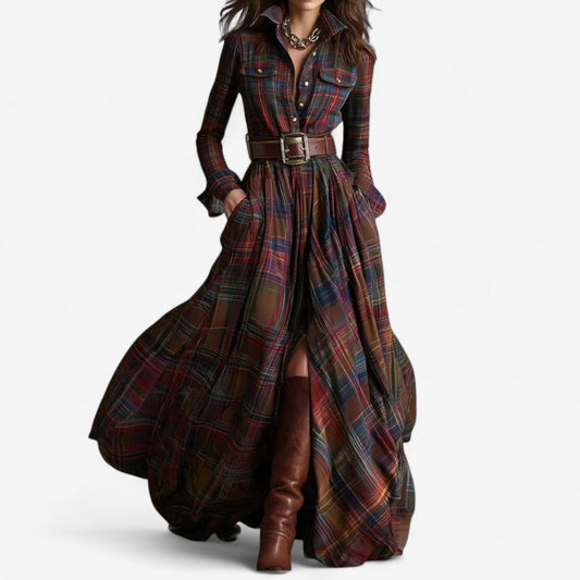 Elegant Plaid Maxi Shirt Dress for Women with Collar Long Sleeve Belted Button Front Flowing Style