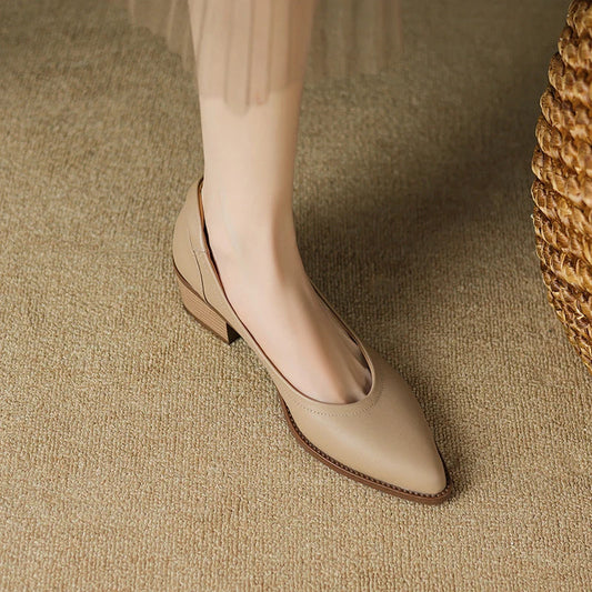Elegant Leather Pointed Toe Pump for Women with Block Heel Slip On Classic Style