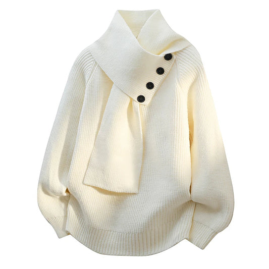 Comfortable Knit Sweater for Women with Asymmetric Collar Button Front Batwing Sleeve Oversized Style