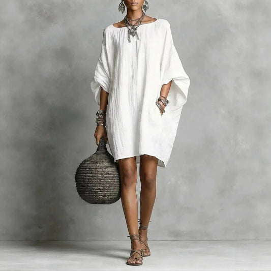 Effortless Linen Mini Dress for Women with Boat Neck Batwing Sleeve Oversized Flowing Boho Style
