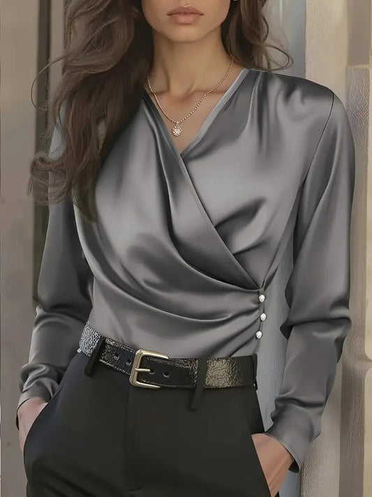 Elegant Satin Wrap Blouse for Women with V Neck Long Sleeve Ruched Button Silky Style
