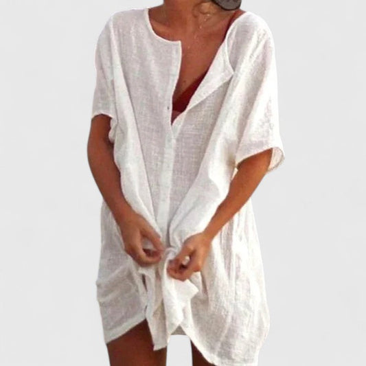 Effortless Linen Shirt Dress for Women with Split Neck Short Sleeve Tie Front Relaxed Style