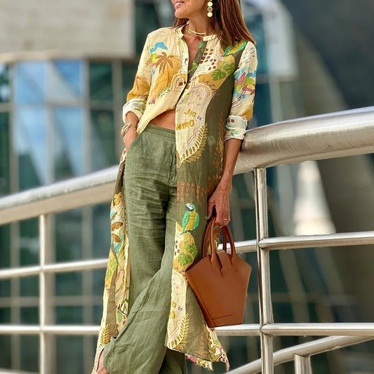 Effortless Tropical Print Wide Leg Set for Women with Button Front Long Sleeve Longline Duster Two Piece Style