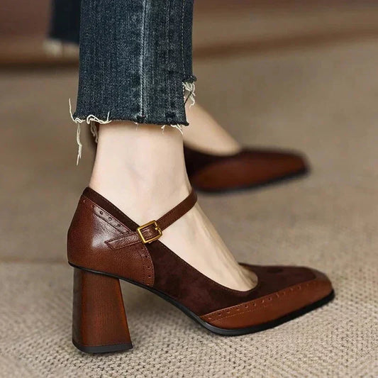 Elegant Two Tone Leather Mary Jane Pump for Women with Square Toe Ankle Strap Block Heel Vintage Style