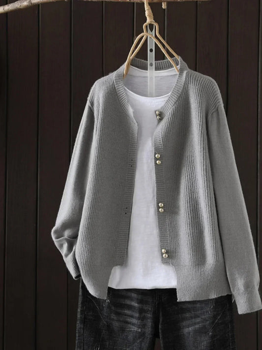 Comfortable Ribbed Knit Cardigan for Women with Round Neck Long Sleeve Pearl Button Relaxed Oversized Style