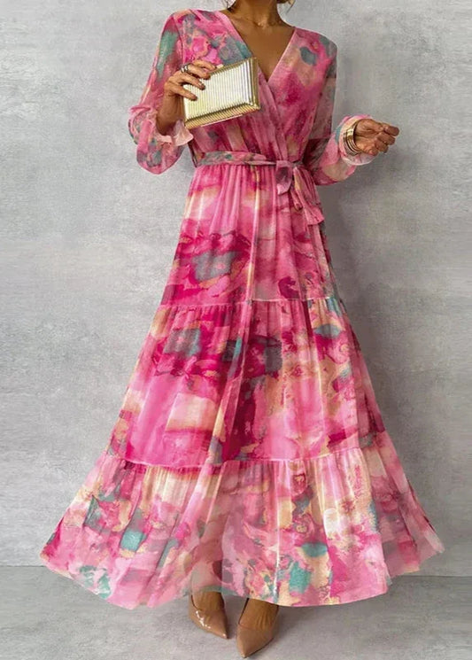 Effortless Pink Tie Dye Maxi Dress for Women with V Neck Bell Sleeve Tiered Ruffle Bohemian Style