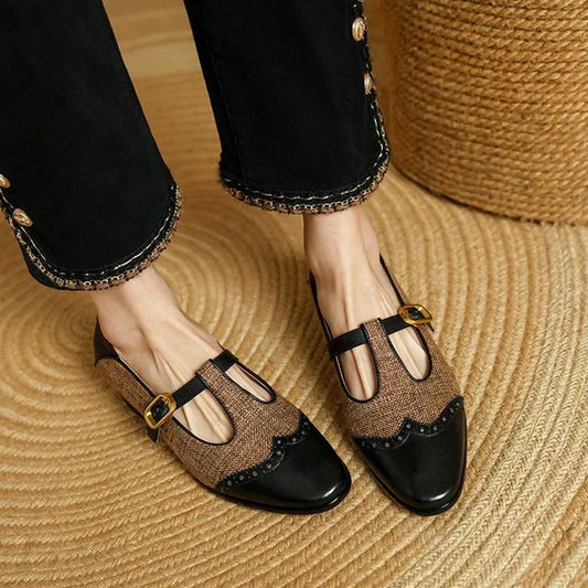 Elegant Tweed Brogue Mary Jane Flat for Women with T Strap Buckle Pointed Toe Mule Style