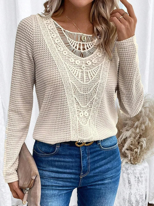 Effortless Waffle Knit Blouse for Women with Round Neck Long Sleeve Crochet Lace Boho Style