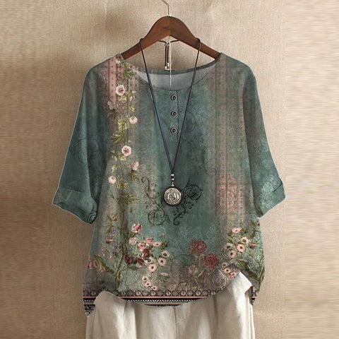 Effortless Patchwork Print Blouse for Women with Round Neck Half Sleeve Relaxed Curved Hem Bohemian Style