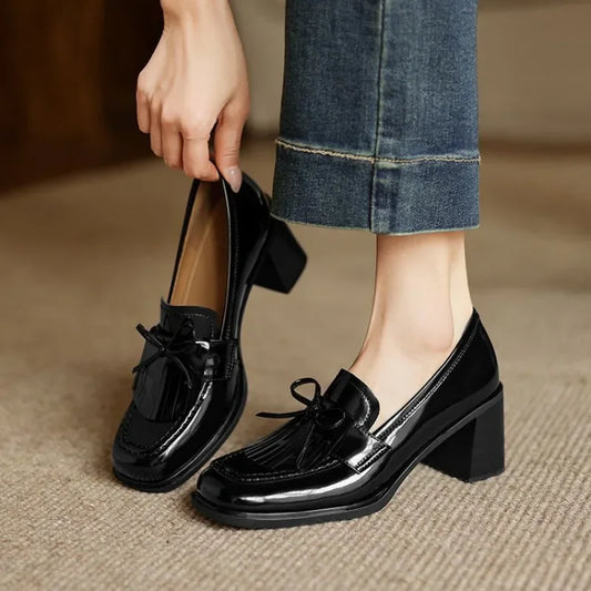 Elegant Patent Leather Tassel Loafer for Women with Bow Detail Block Heel Round Toe Style