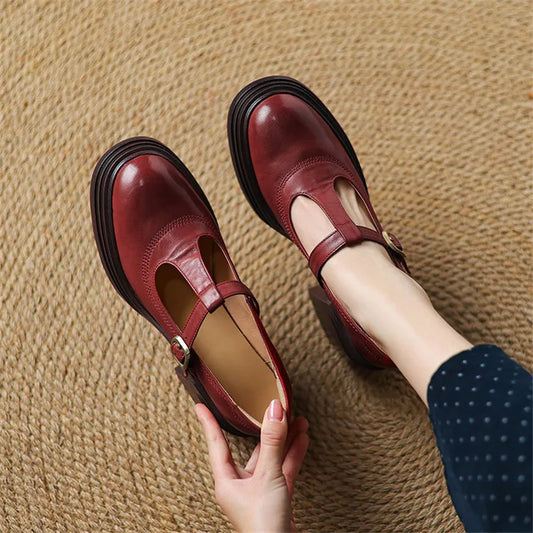 Elegant Leather Mary Jane Heel for Women with T Strap Buckle Platform Style