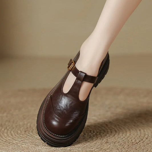 Comfortable Leather Mary Jane Loafer for Women with T Strap Buckle Chunky Platform Sole Vintage Style