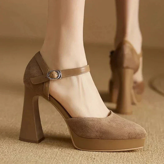 Elegant Suede Platform Mary Jane Pumps for Women with Ankle Strap Buckle Chunky Block Heel Style