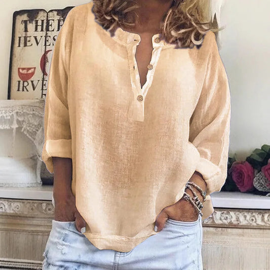 Effortless Linen Blouse for Women with V Neck Button Front Long Sleeve Relaxed Style