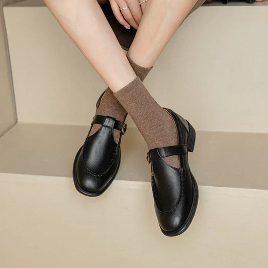 Stylish Leather Mary Jane Loafer for Women with T Strap Buckle Round Toe Block Heel Style