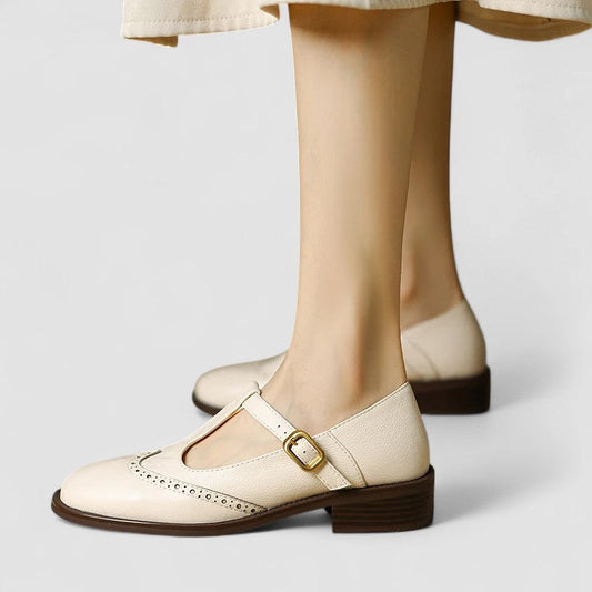 Elegant Leather Mary Jane Shoes for Women with T Strap Buckle Wingtip Brogue Style