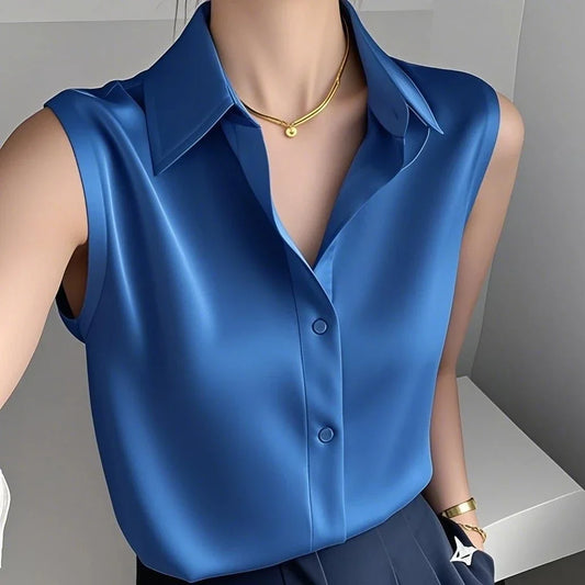 Elegant Satin Blouse for Women with Collar V Neck Sleeveless Button Front Silky Style