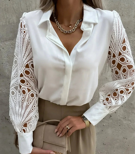 Elegant Satin Blouse for Women with Collar Long Sleeve Crochet Lace Silky Style
